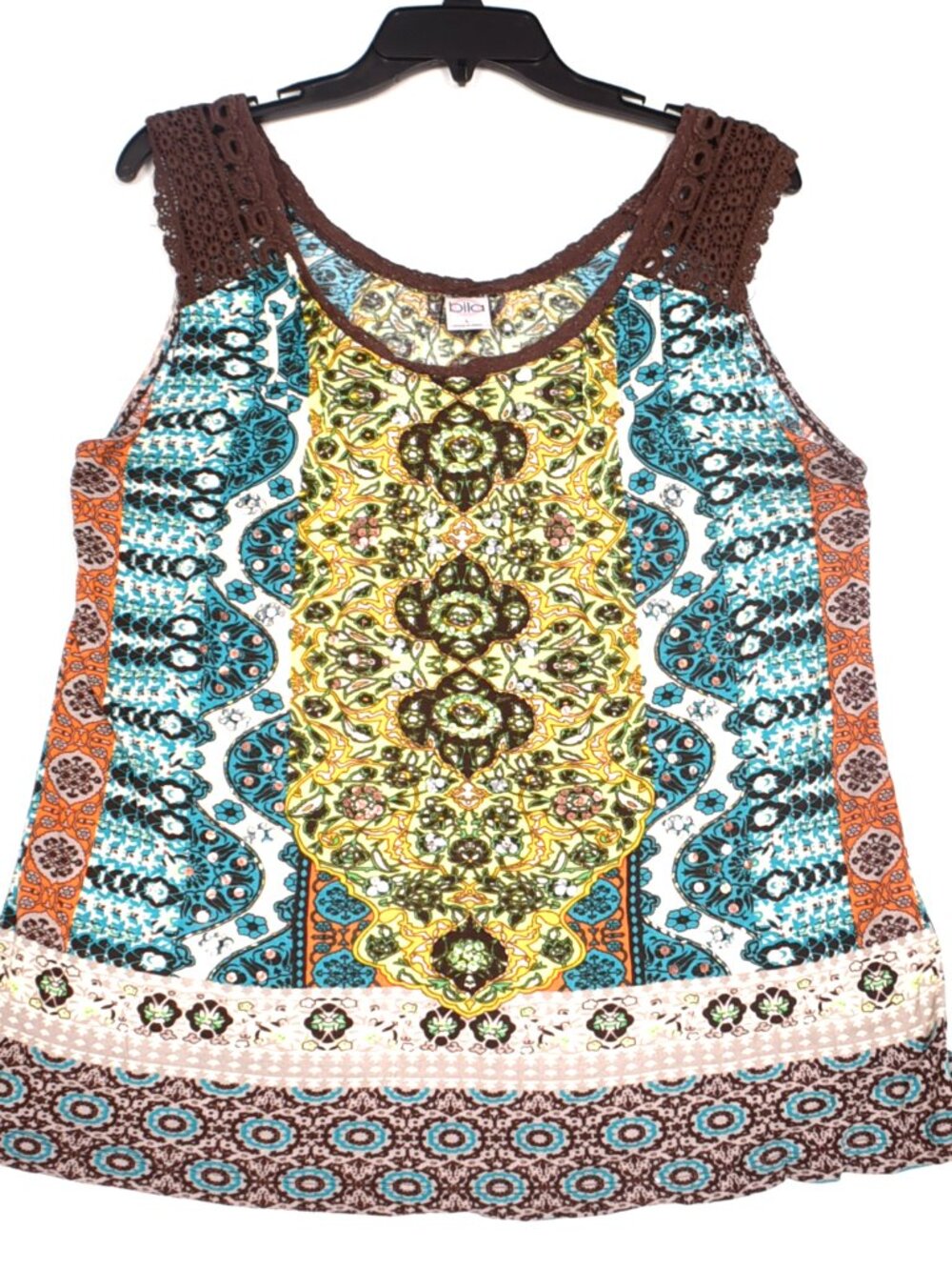 Bila Printed Lace Tank Rayon Top Teal Multi-color Women's Size Large